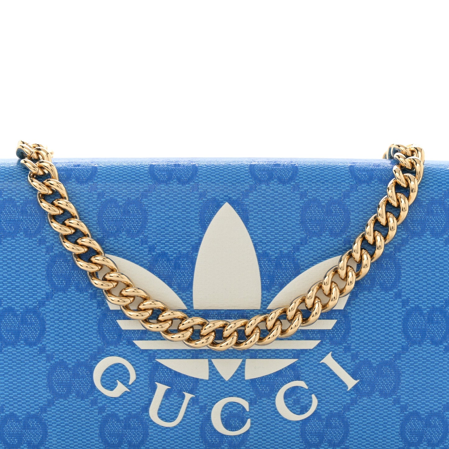 X ADIDAS Monogram Textured Dollar Calfskin Trefoil Embossed Wallet On Chain Blue