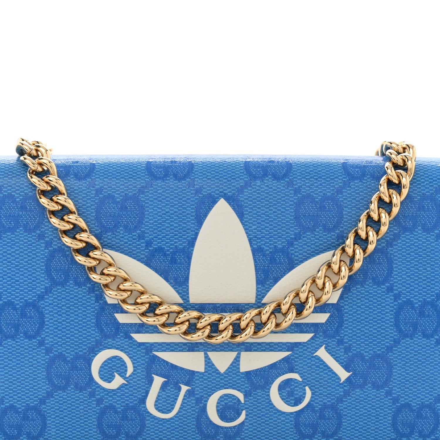 Gucci X ADIDAS Monogram Textured Dollar Calfskin Trefoil Embossed Wallet On Chain Blue 8 of 11