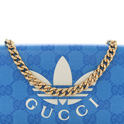 Gucci X ADIDAS Monogram Textured Dollar Calfskin Trefoil Embossed Wallet On Chain Blue 8 of 11