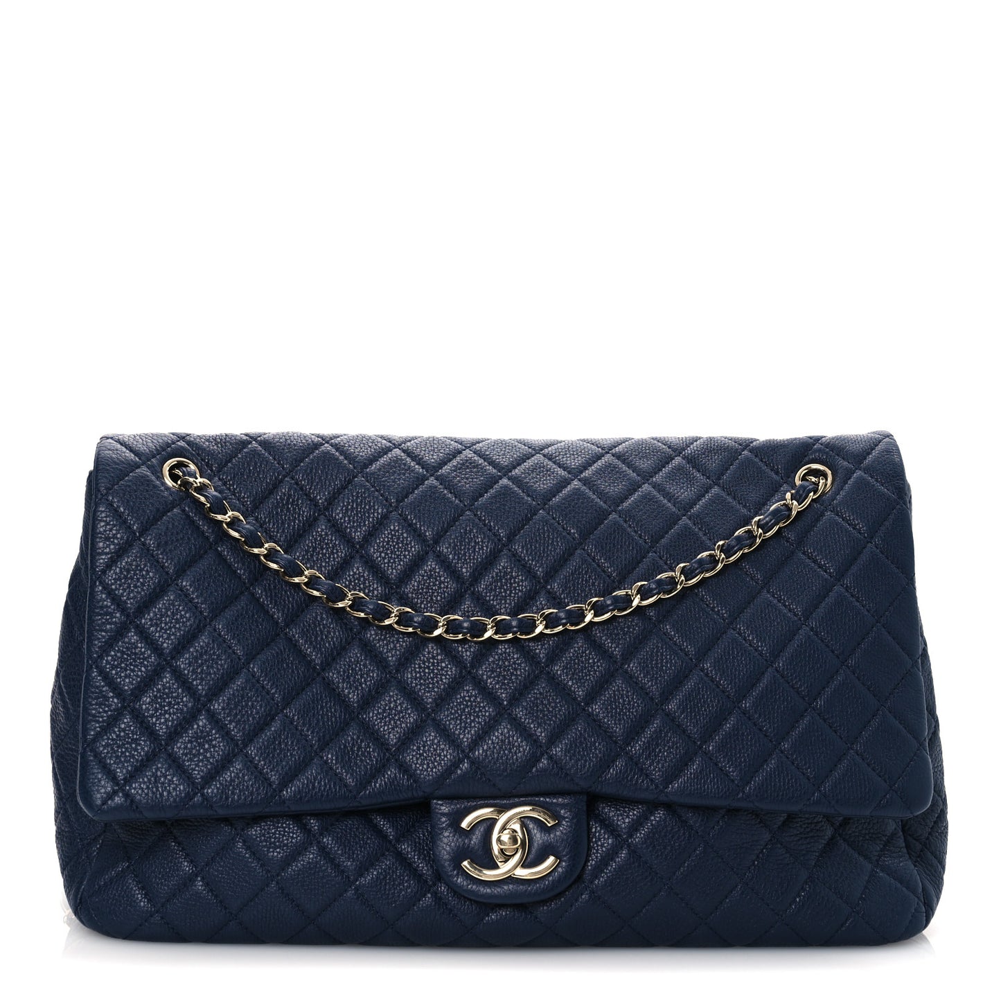 Metallized Calfskin Quilted XXL Travel Flap Bag Navy