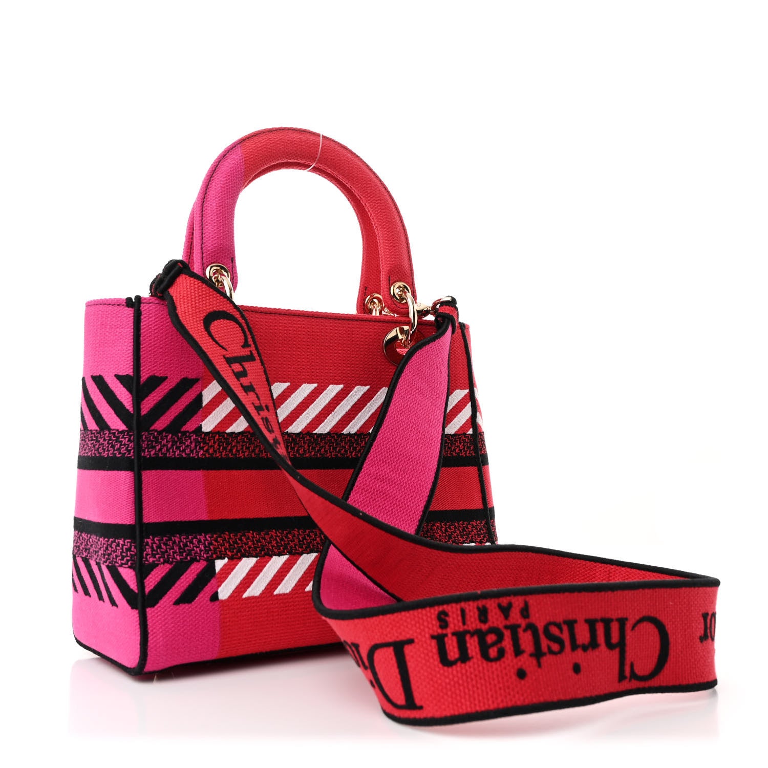 Christian Dior Canvas Embroidered Flower Pop Medium Lady D-Lite Red Pink 3 of 10