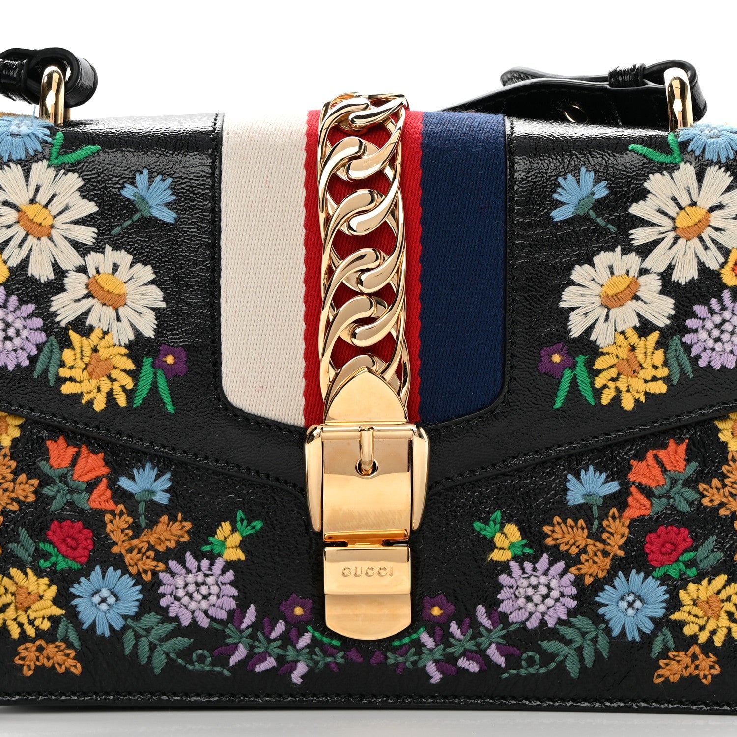 Gucci Calfskin Embroidered Small Sylvie Shoulder Bag Black 8 of 15