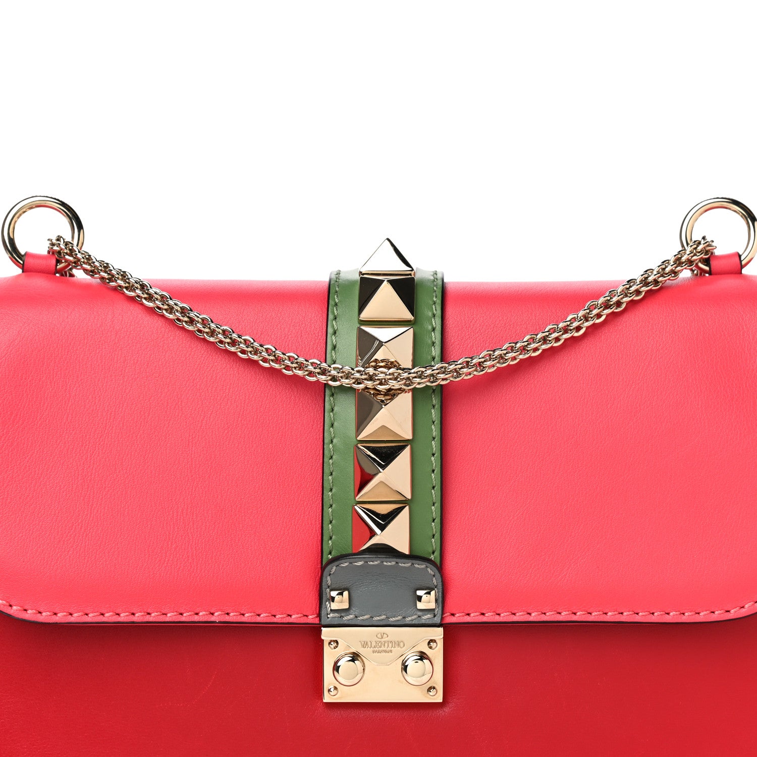 Valentino Garavani Vitello Medium Glam Lock Rockstud Flap Deep Rose Scarlet Grey Green 9 of 16