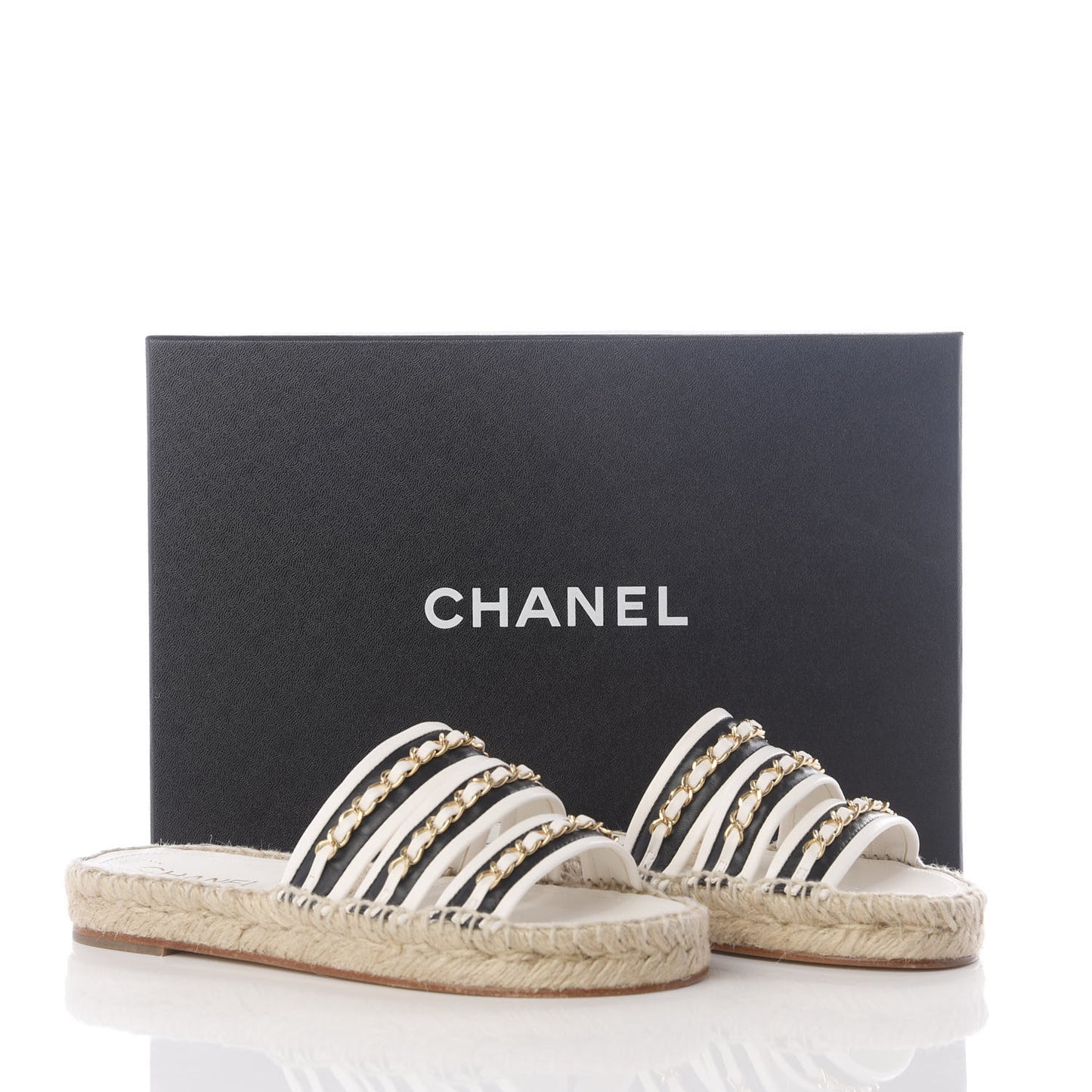 Lambskin Chain Espadrille Slip On Sandals 36 Black White