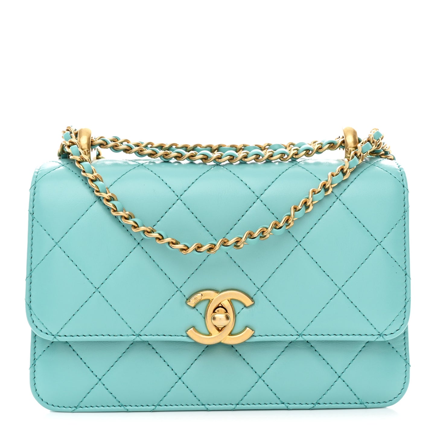 Calfskin Quilted Mini Perfect Fit Flap Turquoise
