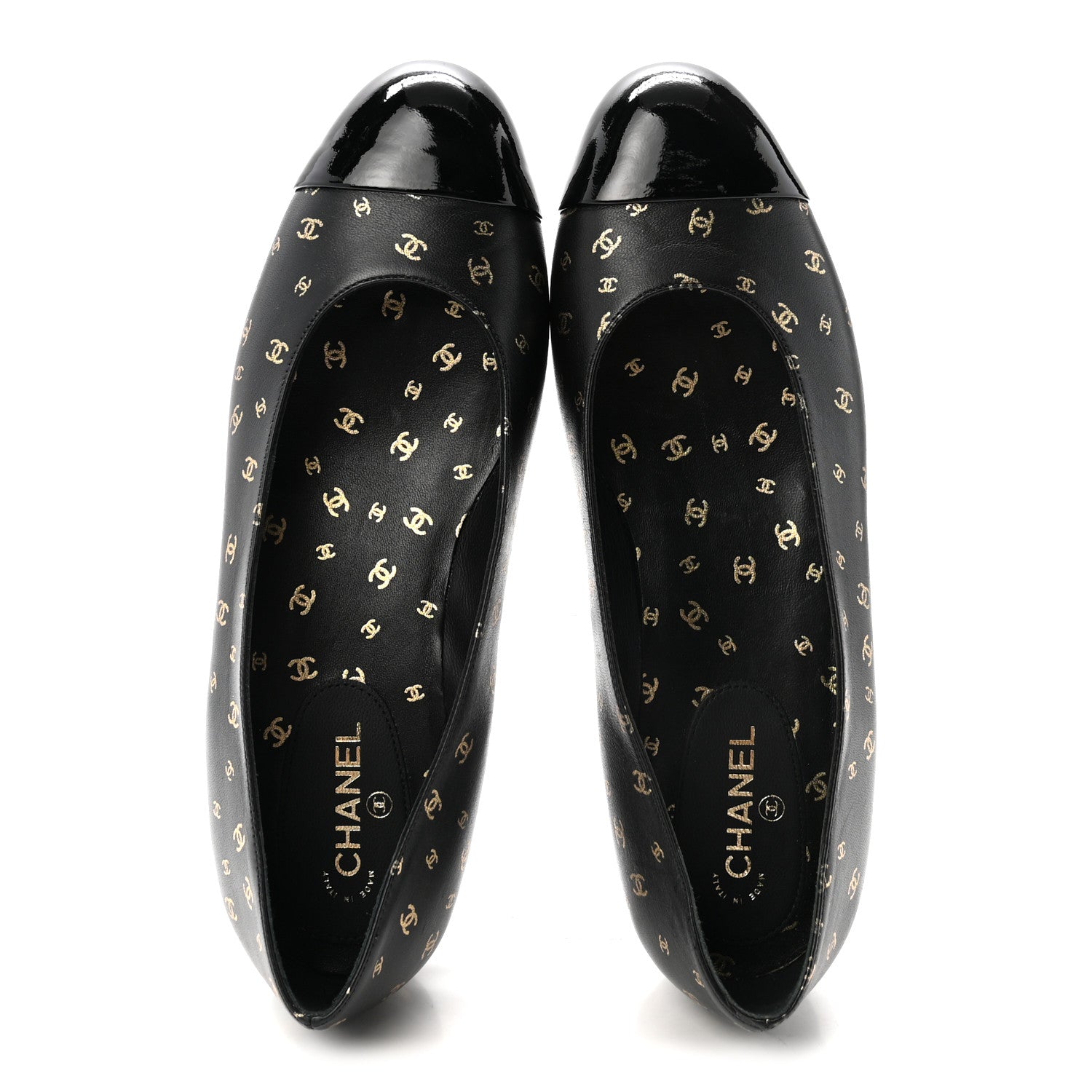 Chanel Lambskin Patent Calfskin Printed CC Cap Toe Ballerina Flats 36 Black Gold 2 of 10