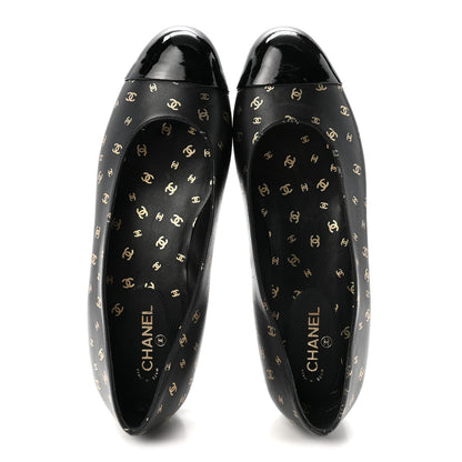 Chanel Lambskin Patent Calfskin Printed CC Cap Toe Ballerina Flats 36 Black Gold 2 of 10
