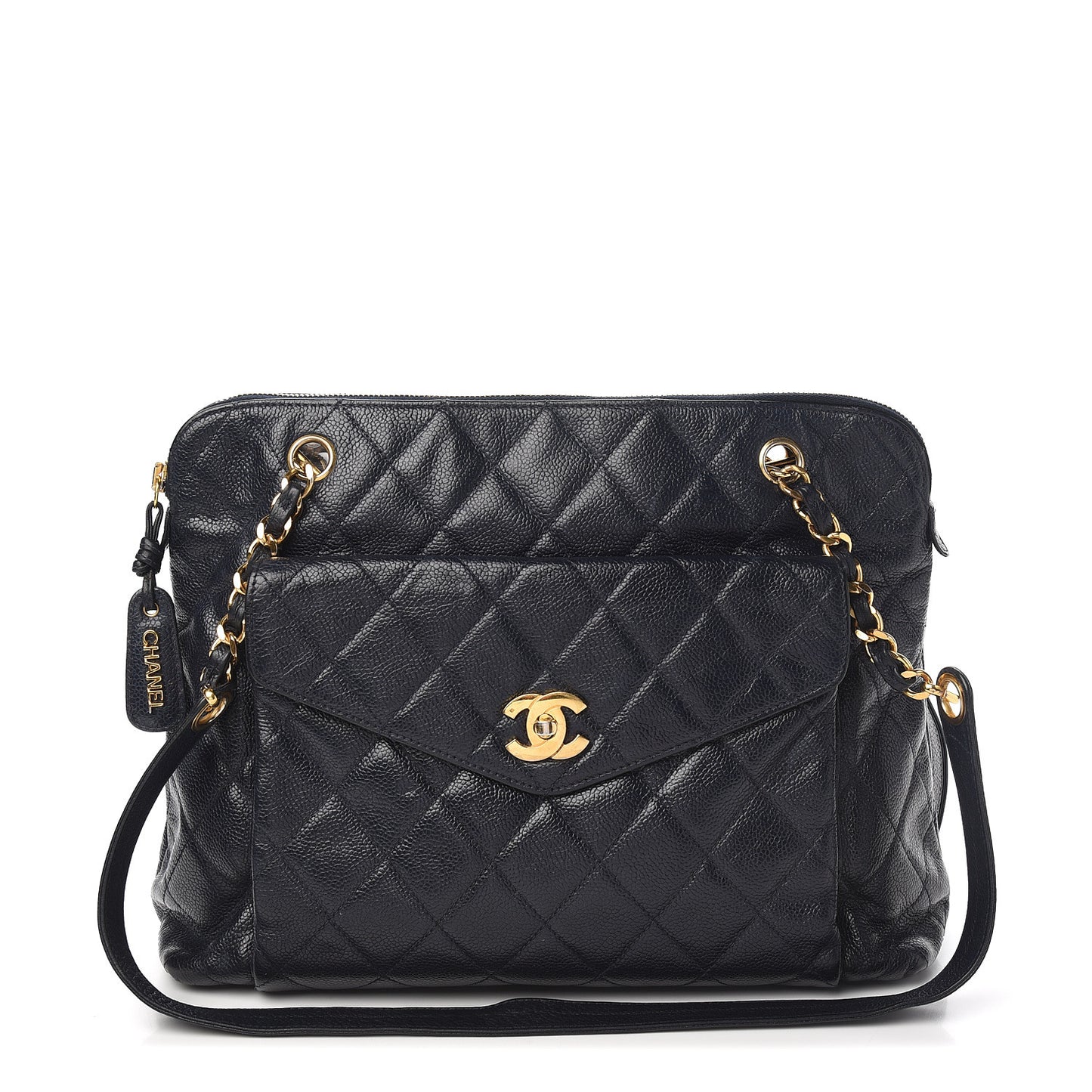 Caviar Quilted Flap Shoulder Bag Navy Blue