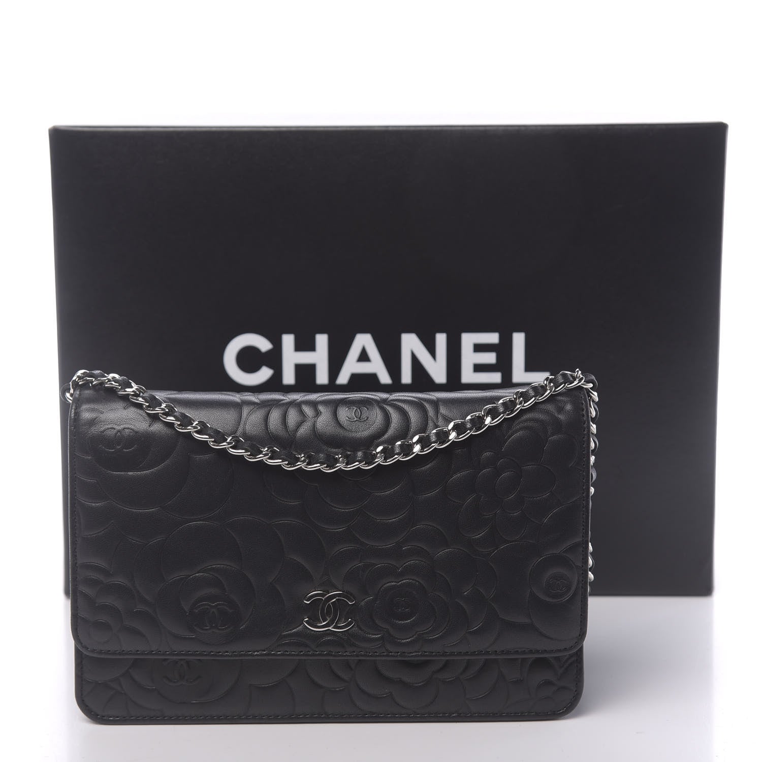 Chanel Lambskin Camellia Embossed Wallet on Chain WOC Black 12 of 12