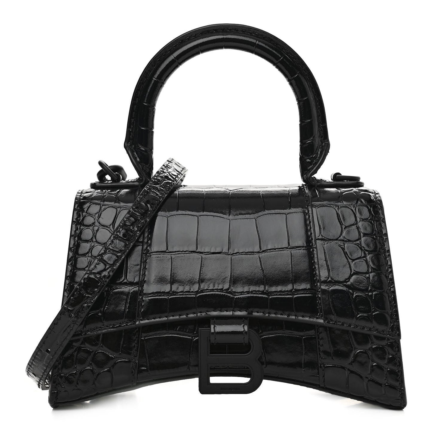 Shiny Calfskin Monochrome Crocodile Embossed Hourglass Top Handle Bag XS Black