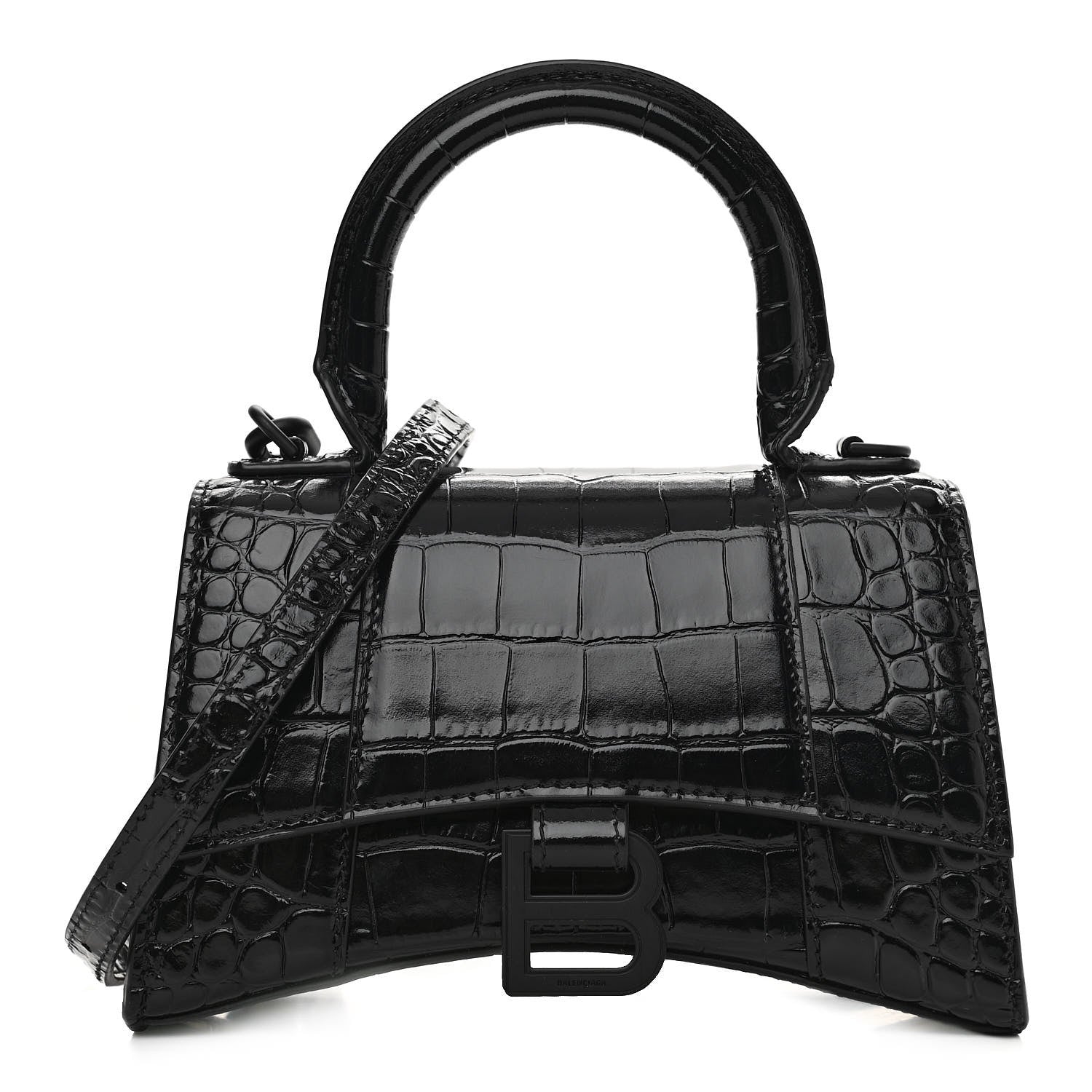 Balenciaga Shiny Calfskin Monochrome Crocodile Embossed Hourglass Top Handle Bag XS Black 1 of 12
