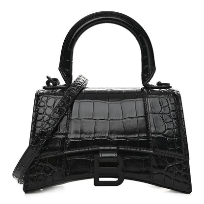 Balenciaga Shiny Calfskin Monochrome Crocodile Embossed Hourglass Top Handle Bag XS Black 1 of 12