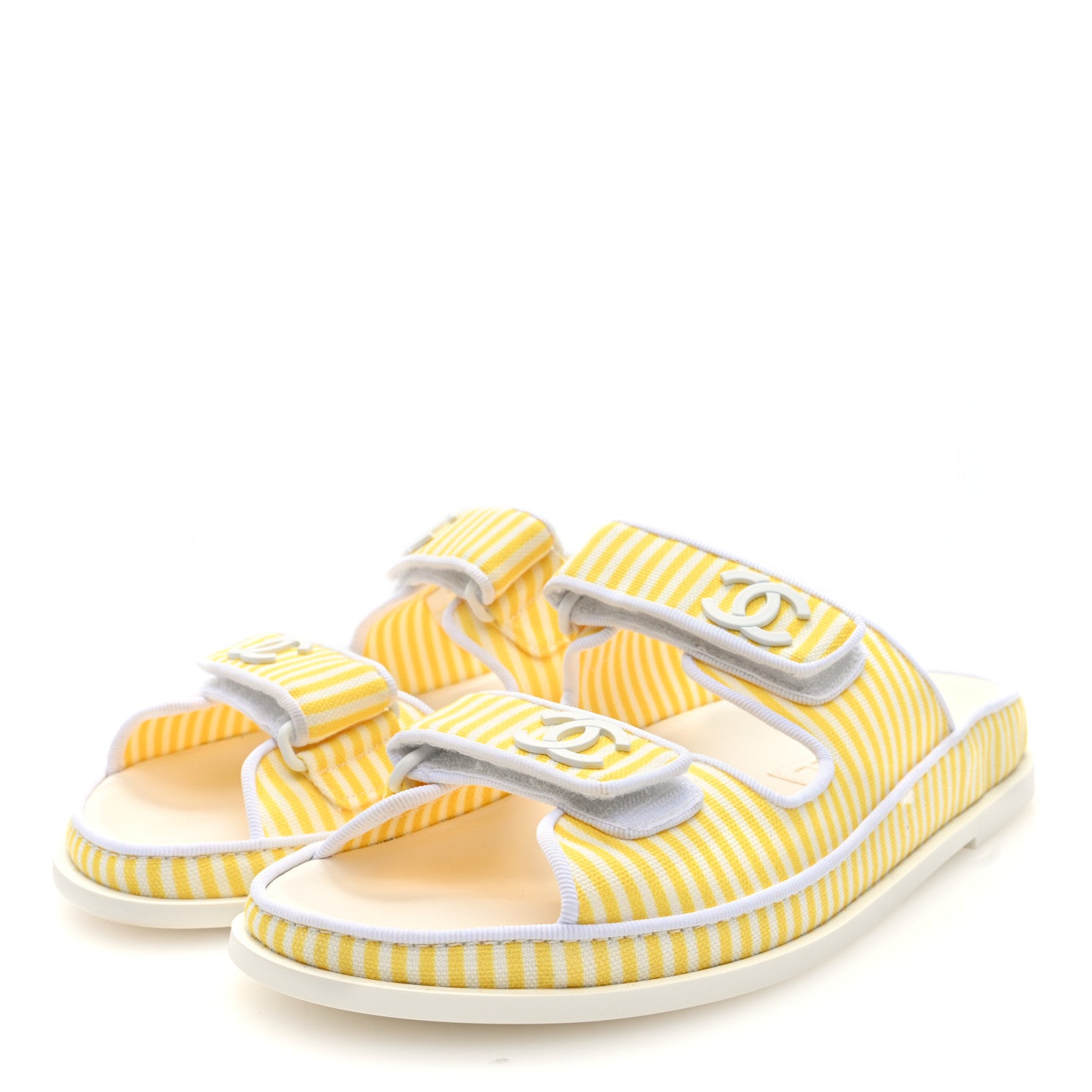 Chanel Printed Calfskin Velcro Dad Flat Mules 38 White Yellow 4 of 9