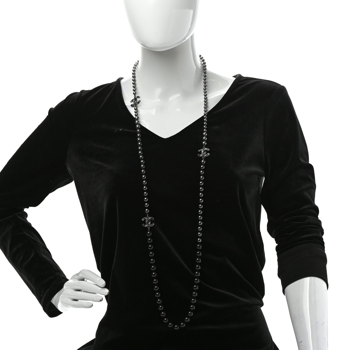 Ruthenium Crystal Baguette Pearl Beaded CC Long Necklace Black Grey