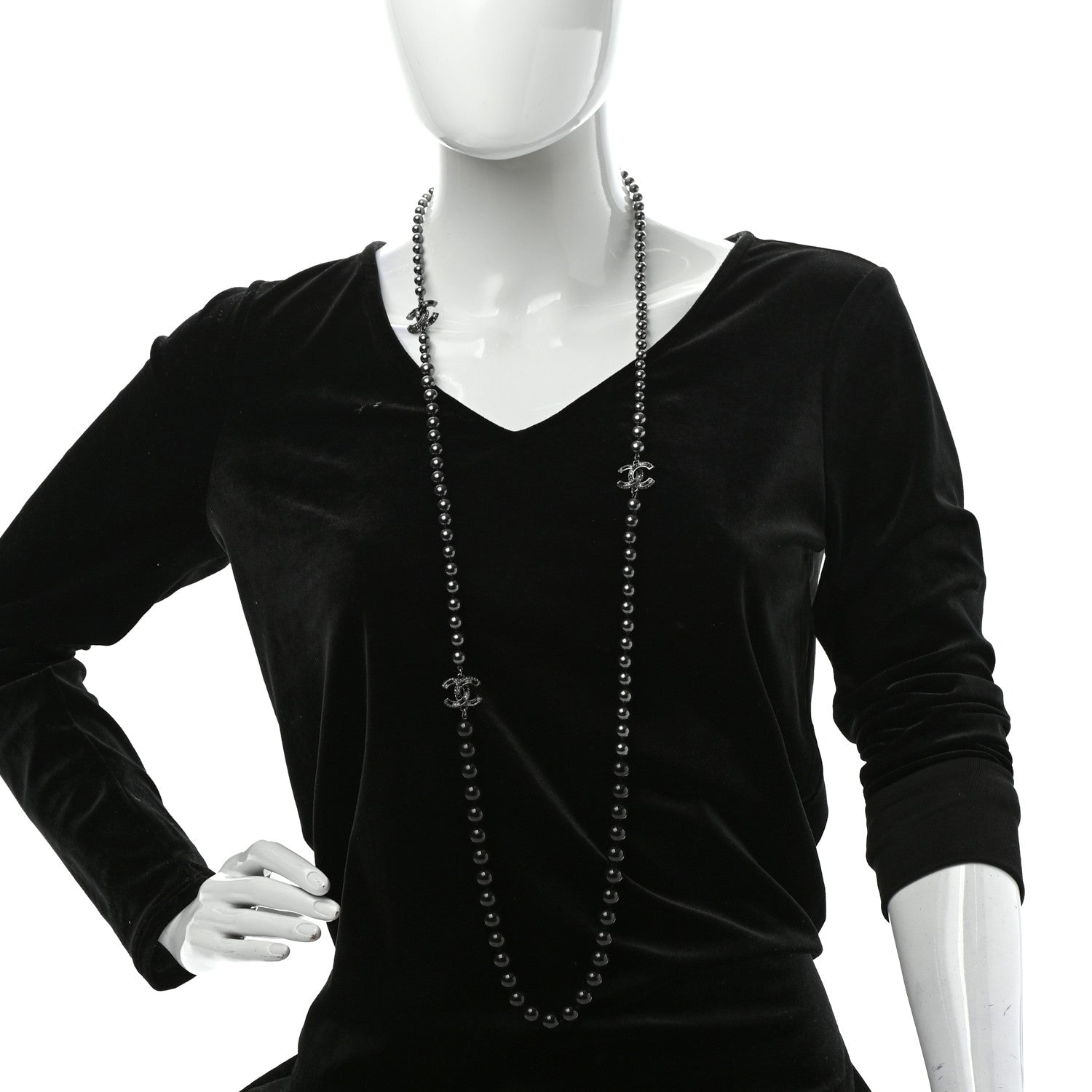 Chanel Ruthenium Crystal Baguette Pearl Beaded CC Long Necklace Black Grey 2 of 7