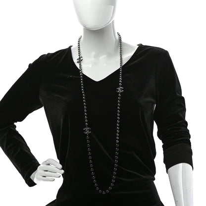 Chanel Ruthenium Crystal Baguette Pearl Beaded CC Long Necklace Black Grey 2 of 7