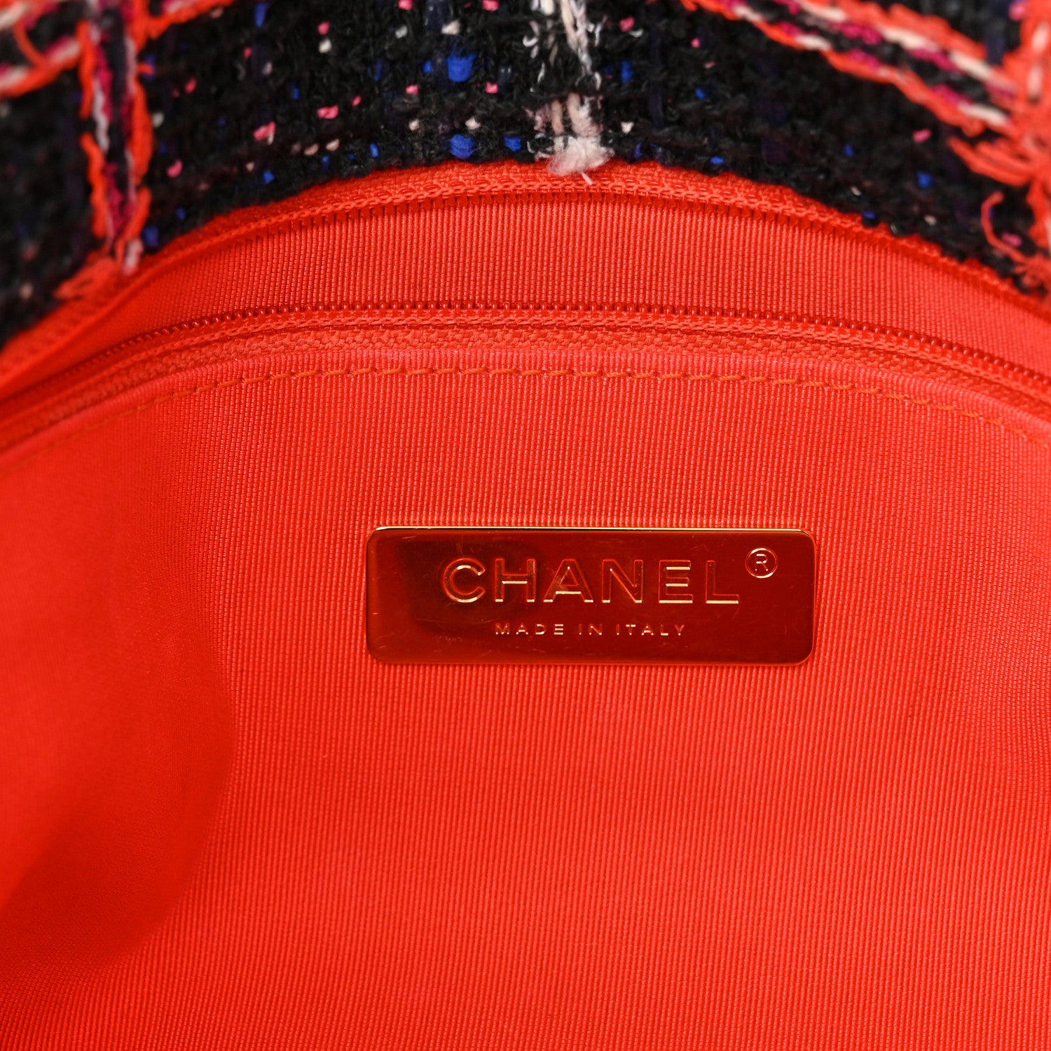 Chanel Tweed Quilted Large Chanel 19 Flap Black Orange Blue 6 of 10