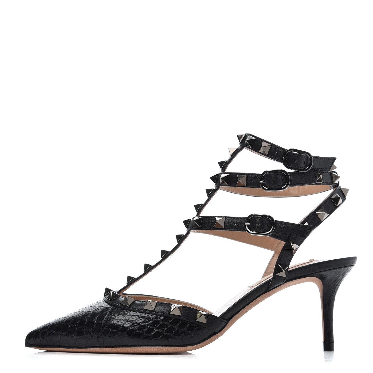 Valentino Garavani Ayers Snakeskin Rockstud Ankle Strap Low Heel Pumps 36 Black 1 of 15