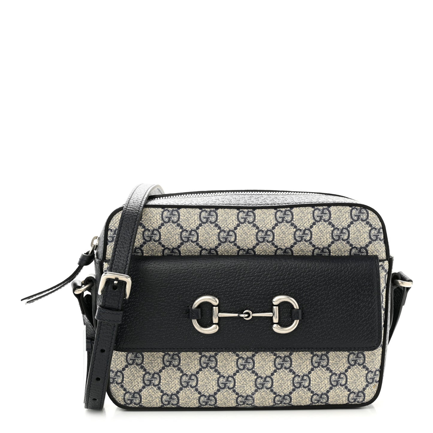 GG Supreme Monogram Textured Dollar Calfskin Small Horsebit 1955 Shoulder Bag Beige Blue