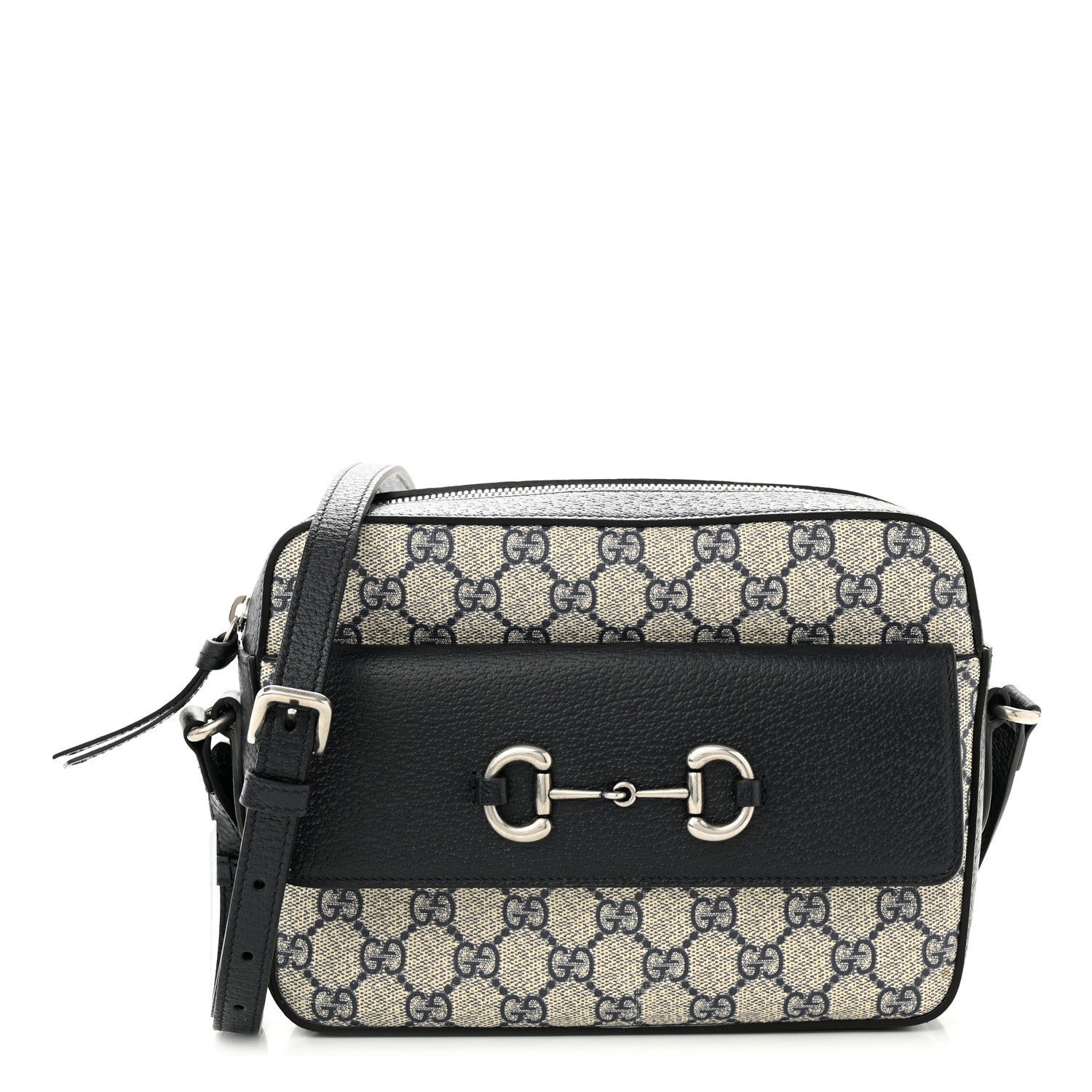 Gucci GG Supreme Monogram Textured Dollar Calfskin Small Horsebit 1955 Shoulder Bag Beige Blue 1 of 9