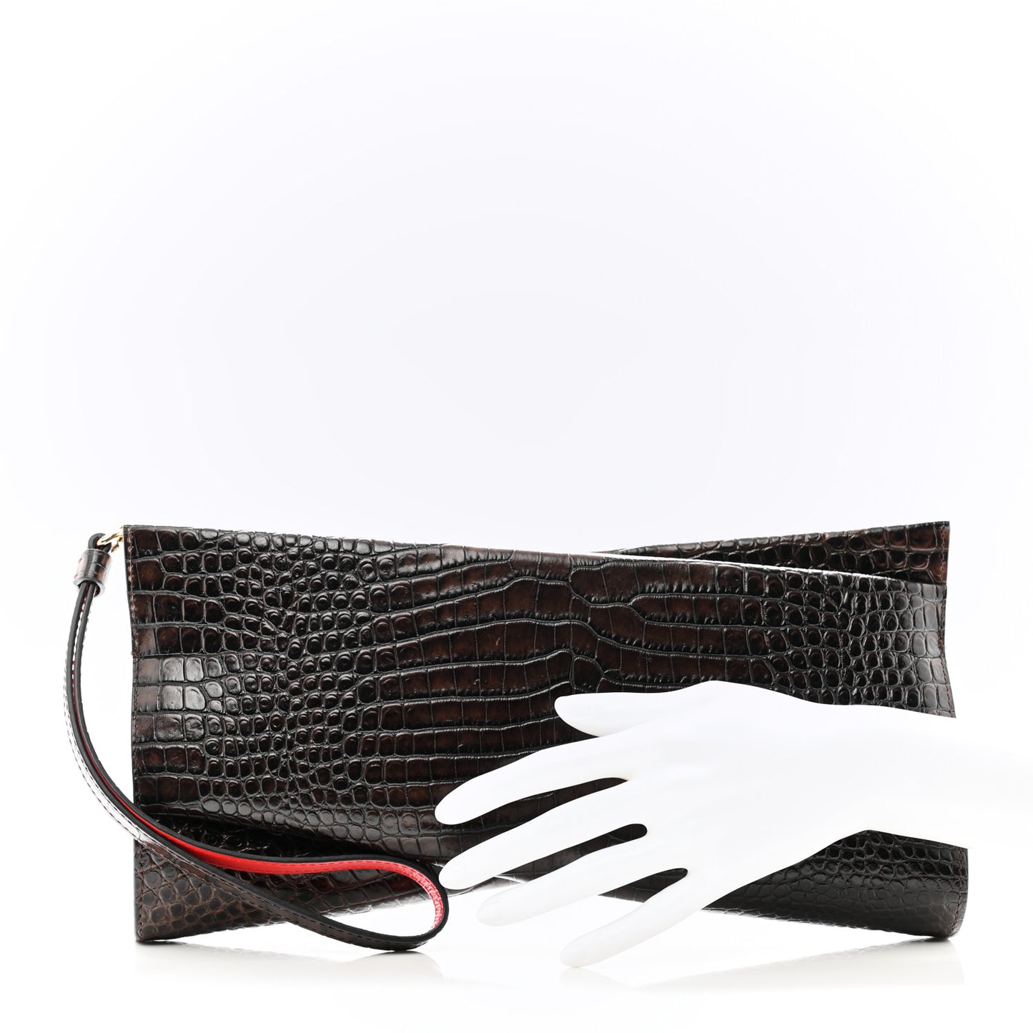 Crocodile Embossed Calfskin Loubi Twist Zip Clutch Bag Brown