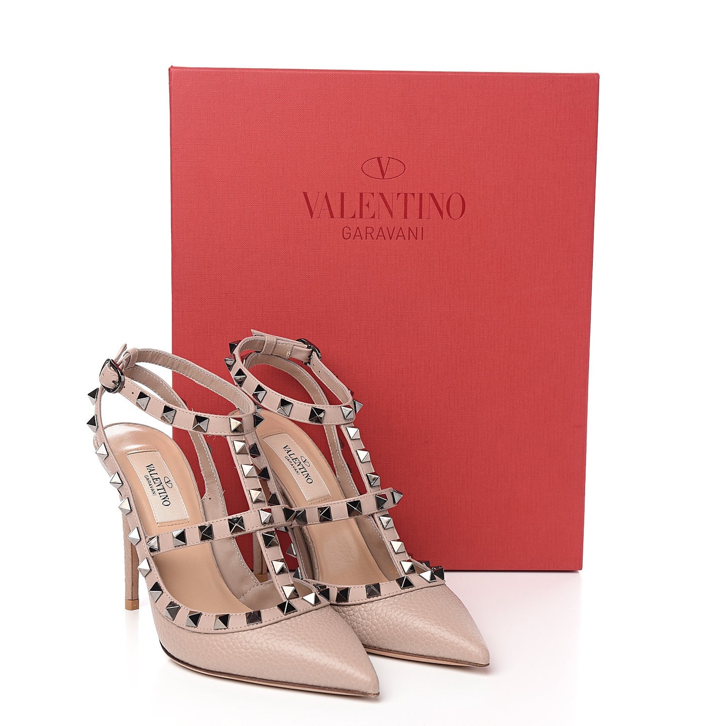 Pebbled Calfskin Rockstud Ankle Strap 100mm Pumps 36 Soft Noisette
