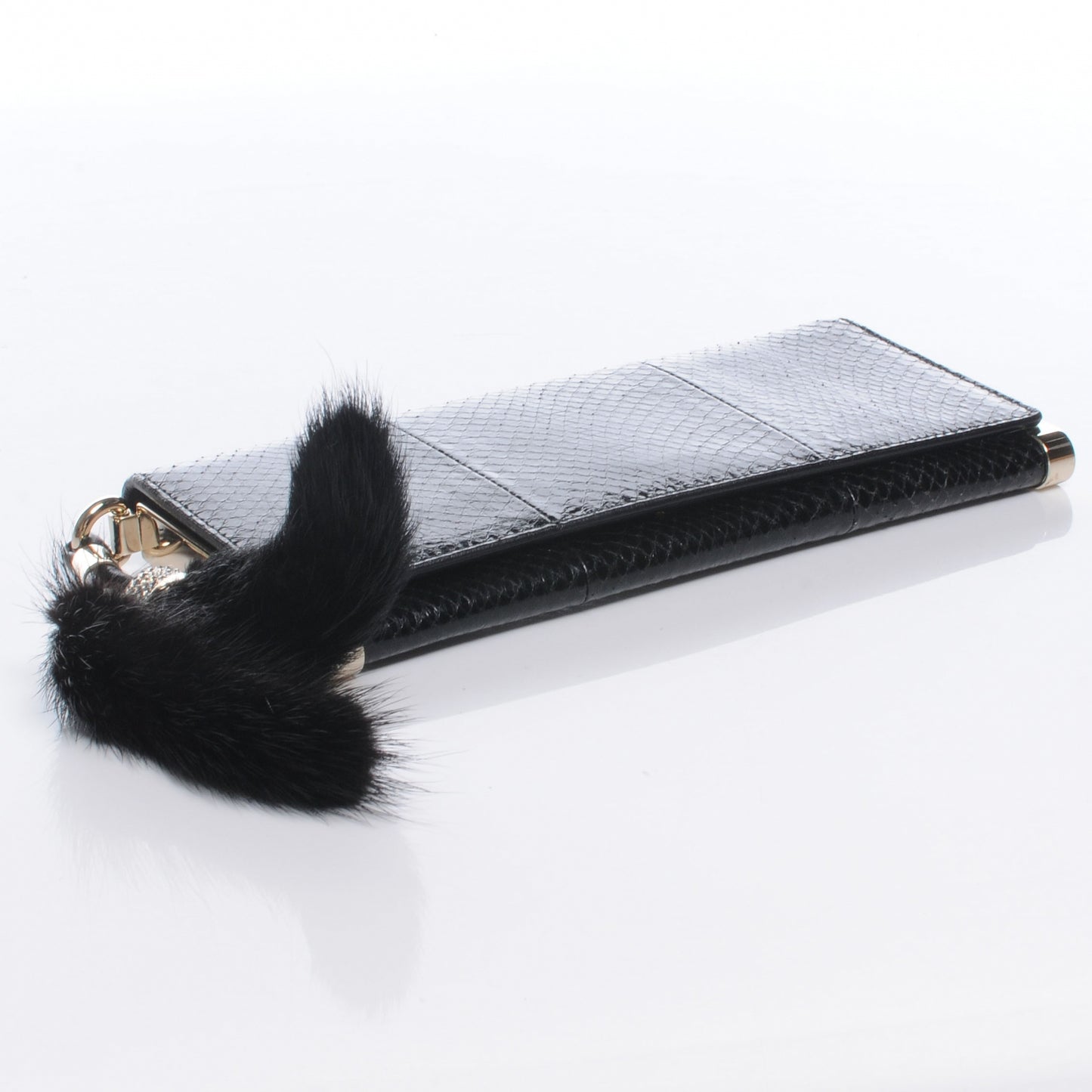 Snakeskin Mink Crystal Tassel Clutch Black