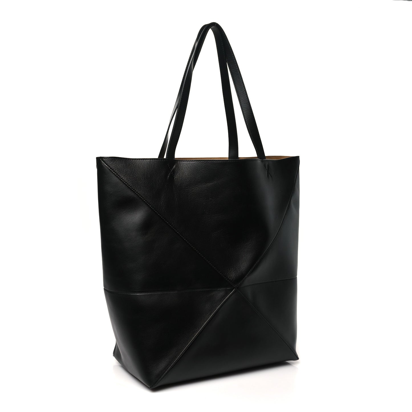 Shiny Calfskin Large Puzzle Fold Tote Black