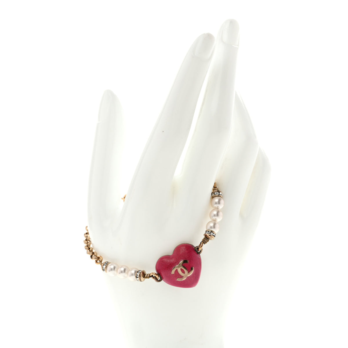 Chanel Resin Crystal Pearl Chain Heart CC Bracelet Pink White Gold 2 of 6