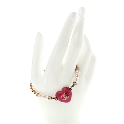 Chanel Resin Crystal Pearl Chain Heart CC Bracelet Pink White Gold 2 of 6