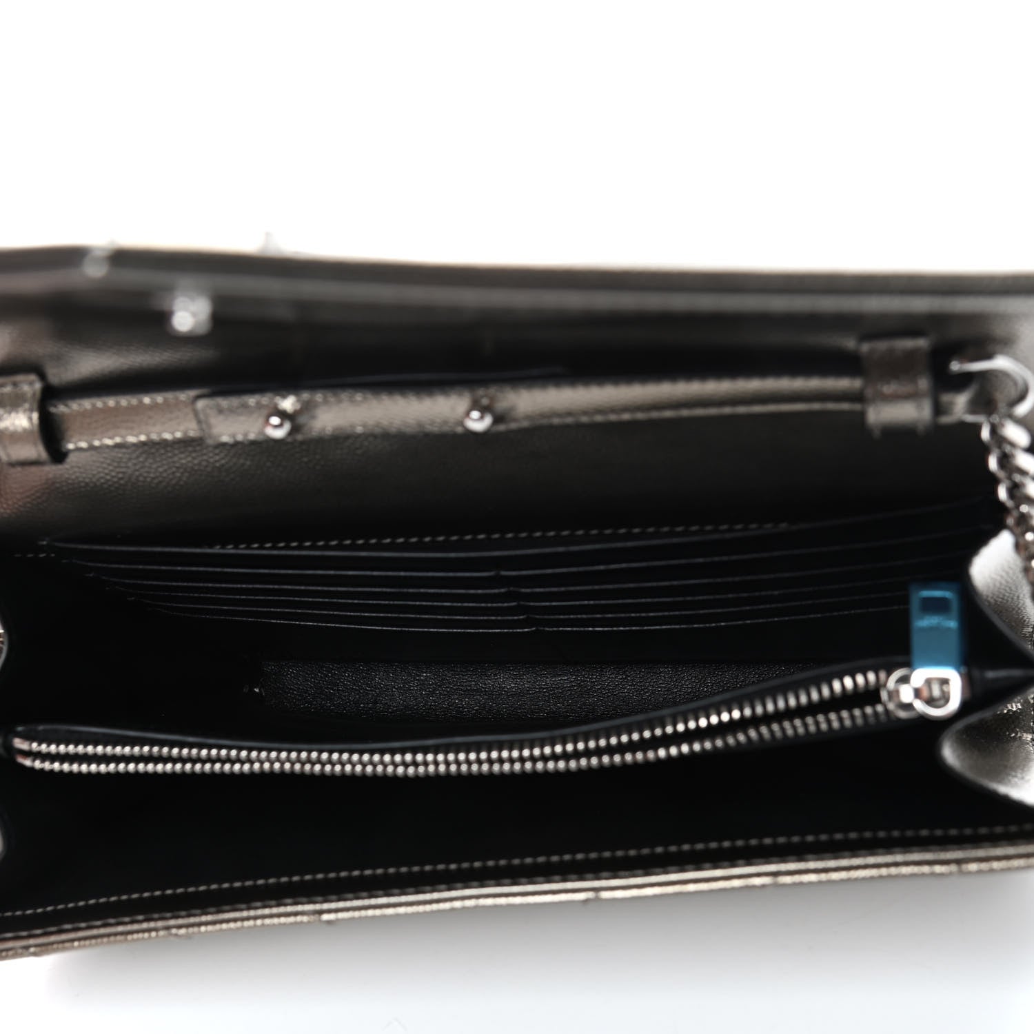 Saint Laurent Metallic Grain De Poudre Matelasse Chevron Monogram Chain Wallet Piombo 8 of 8