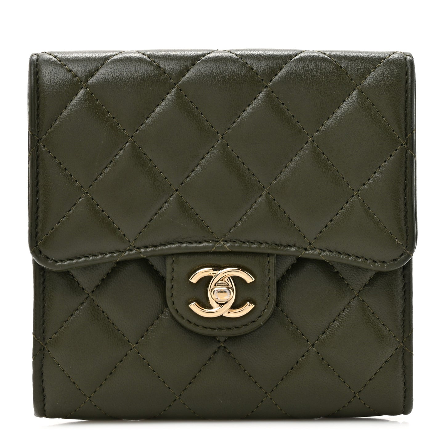 Lambskin Quilted Small Flap Zip Wallet Dark Green