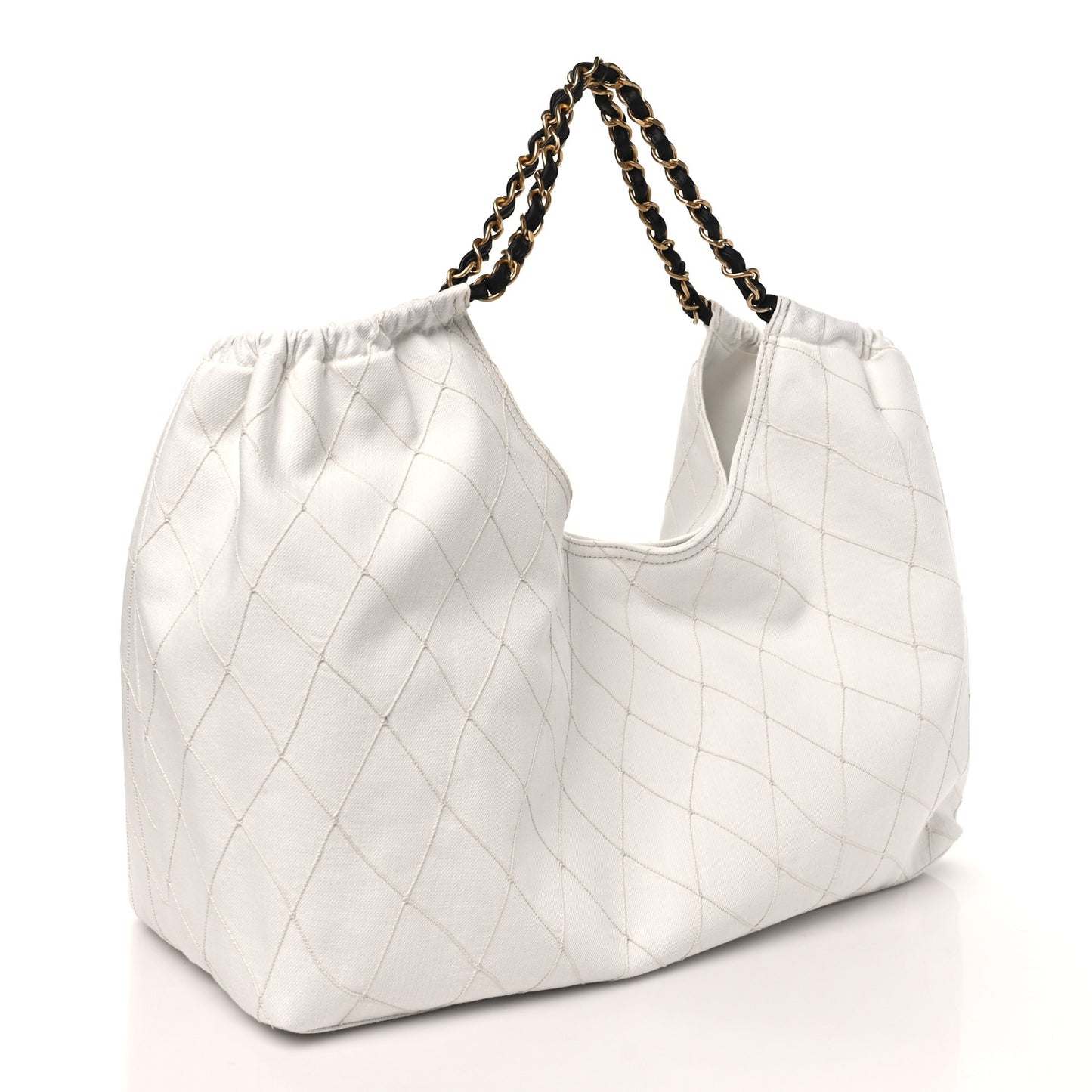 Denim Calfskin Quilted Coco Beach Small Shopping Tote White Black