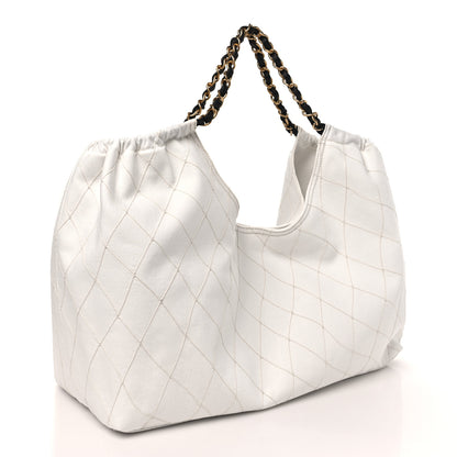 Chanel Denim Calfskin Quilted Coco Beach Small Shopping Tote White Black 4 of 11