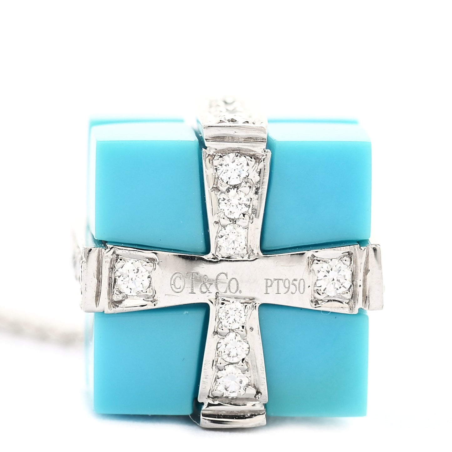 Platinum Diamond Turquoise Box Charm Pendant Necklace