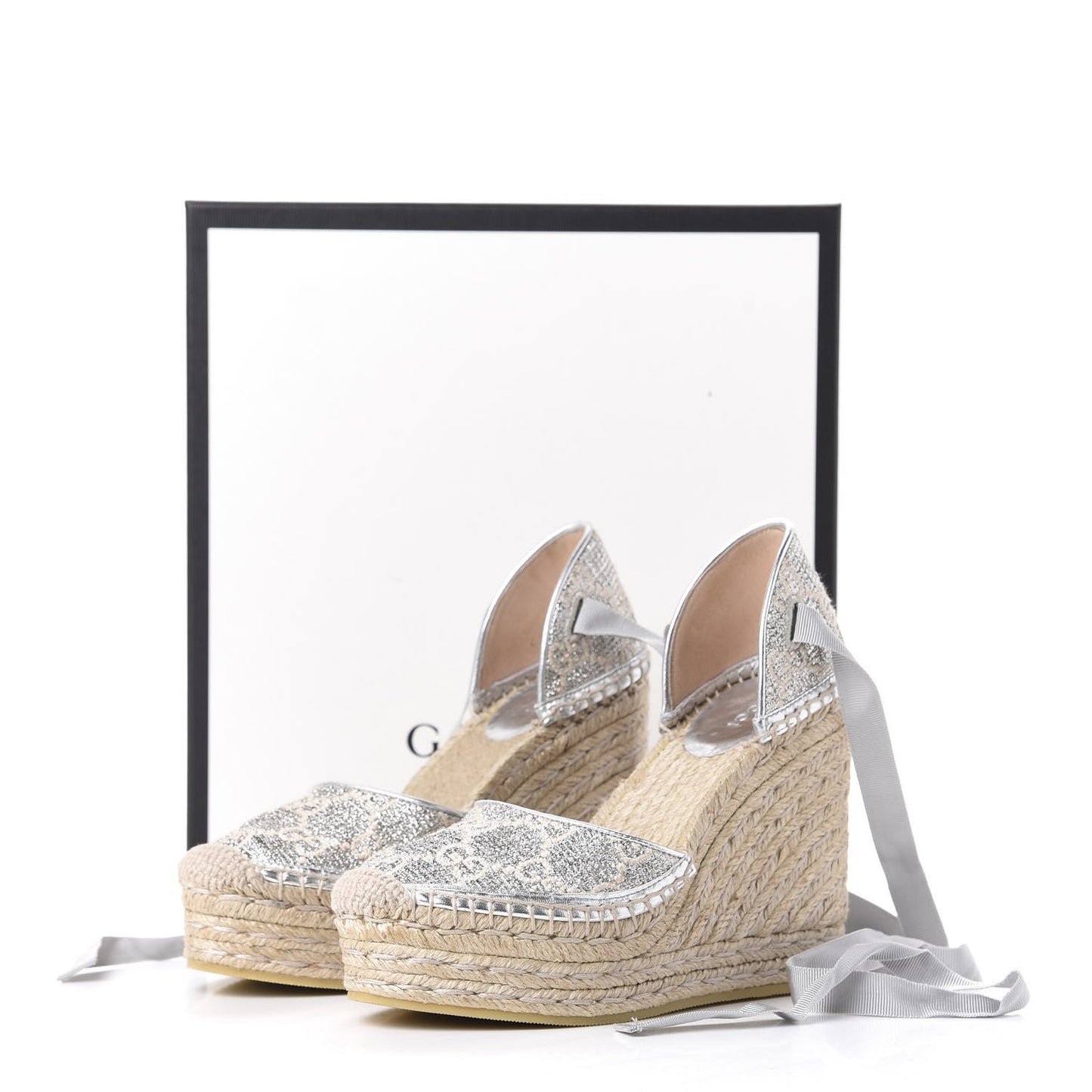 Lame GG Monogram Ankle Wrap Platform Espadrille Wedges 35.5 Silver Beige Light Grey