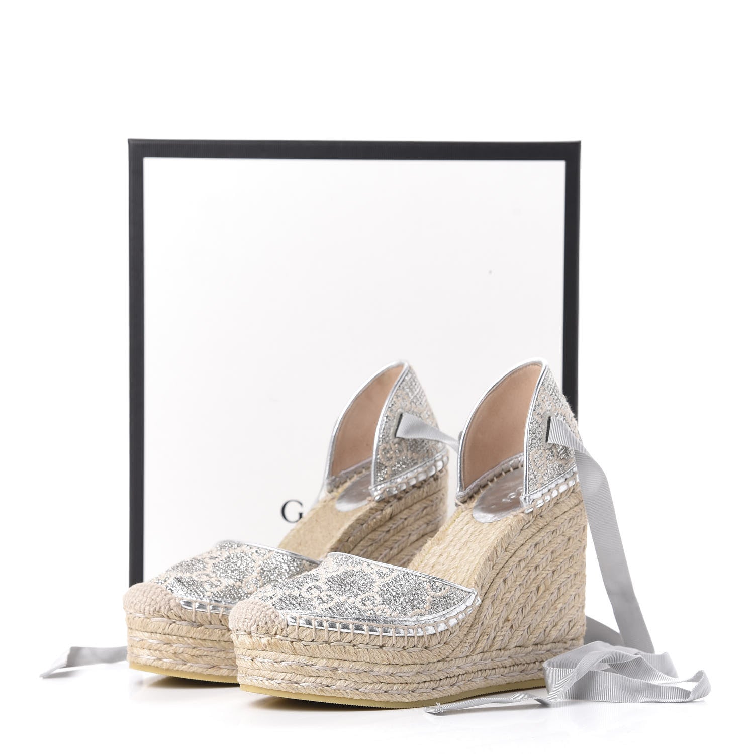 Gucci Lame GG Monogram Ankle Wrap Platform Espadrille Wedges 35.5 Silver Beige Light Grey 12 of 12