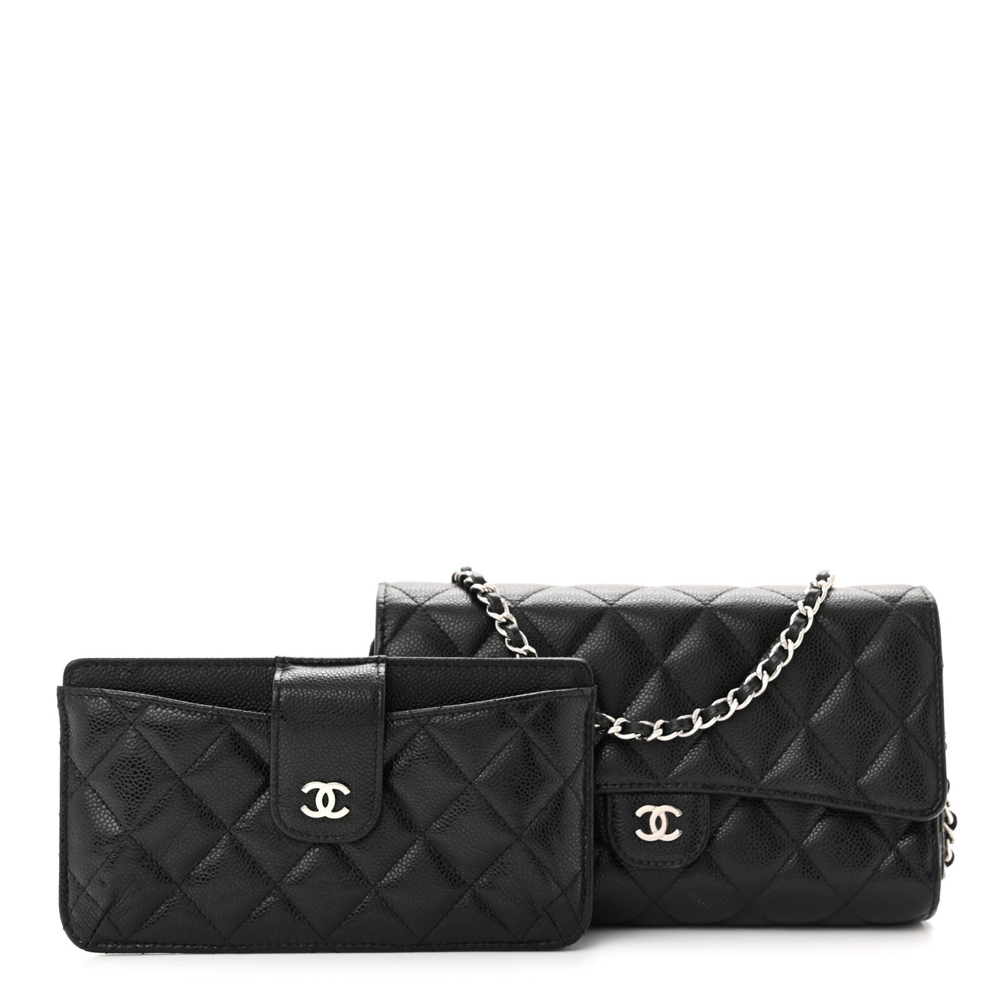 Caviar Quilted Phone Holder Wallet on Removable Chain Black