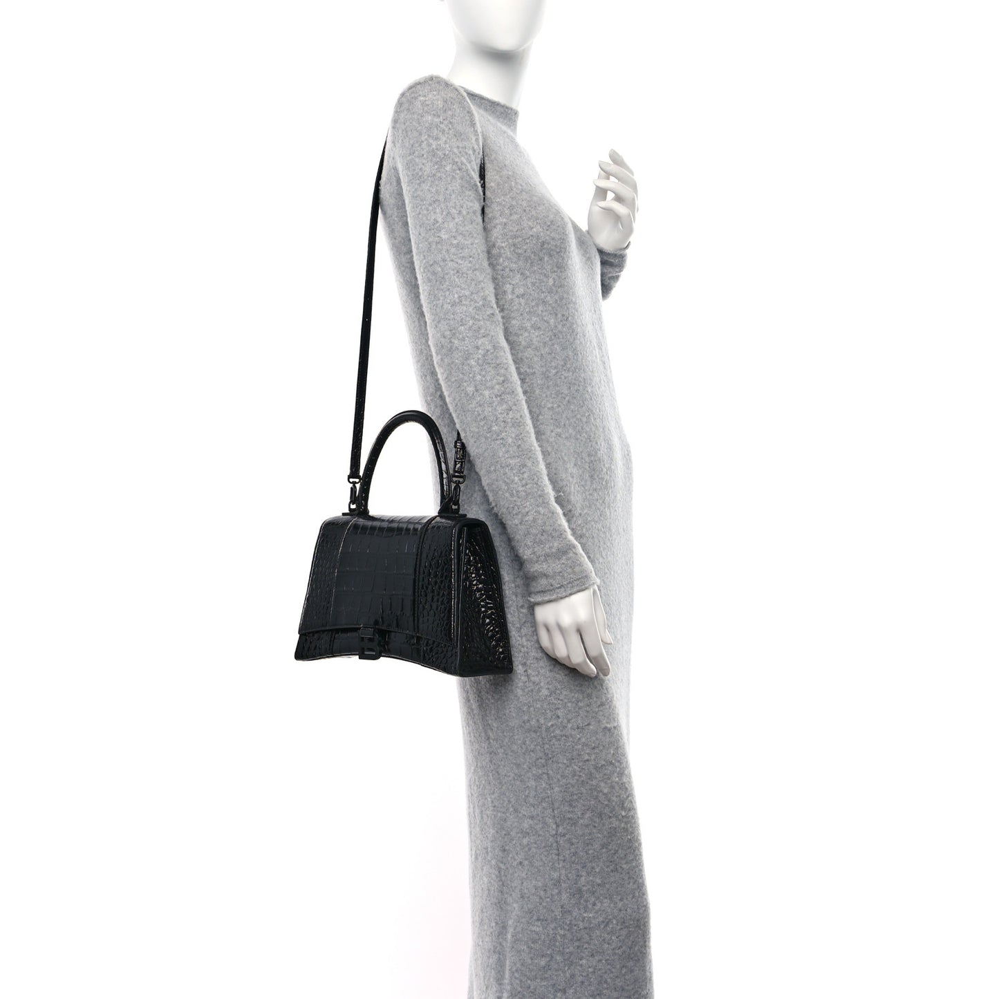 Shiny Calfskin Monochrome Crocodile Embossed Medium Hourglass Top Handle Bag Black