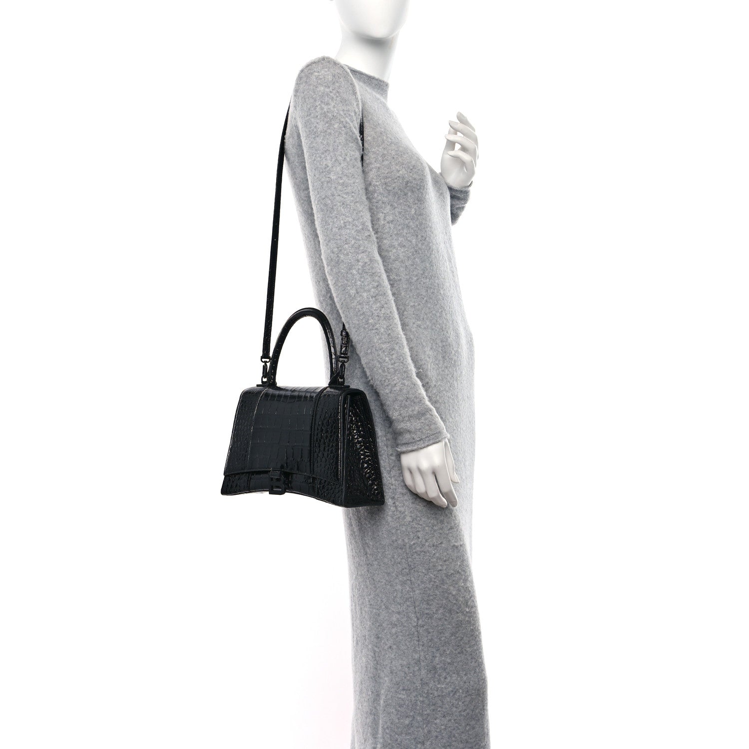 Balenciaga Shiny Calfskin Monochrome Crocodile Embossed Medium Hourglass Top Handle Bag Black 2 of 11