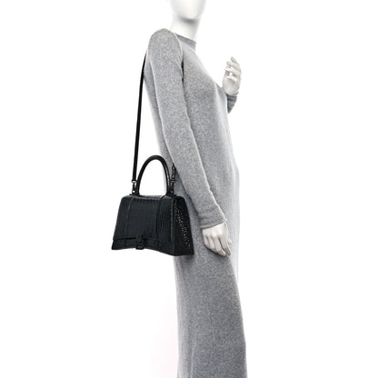 Balenciaga Shiny Calfskin Monochrome Crocodile Embossed Medium Hourglass Top Handle Bag Black 2 of 11