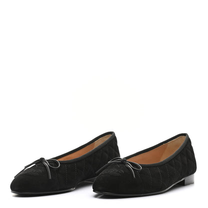 Chanel Suede Quilted Cap Toe CC Ballerina Flats 38 Black 3 of 9