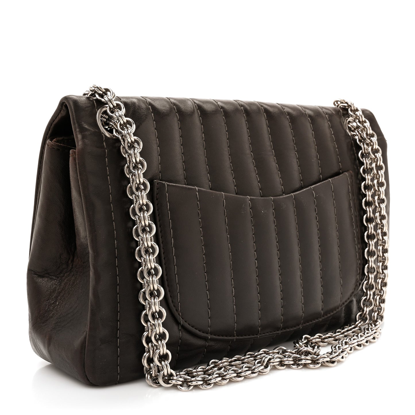 Lambskin Vertical Quilted Medium Single Flap Brown