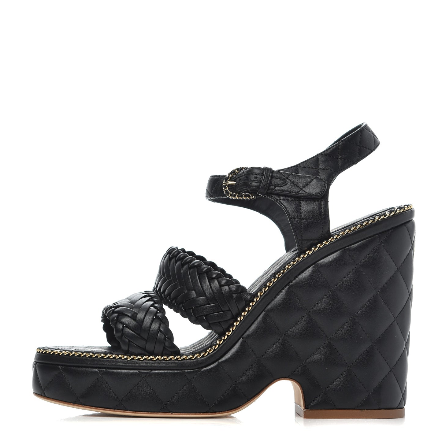 Calfskin Quilted Chain Around Wedge Sandals 39.5 Black
