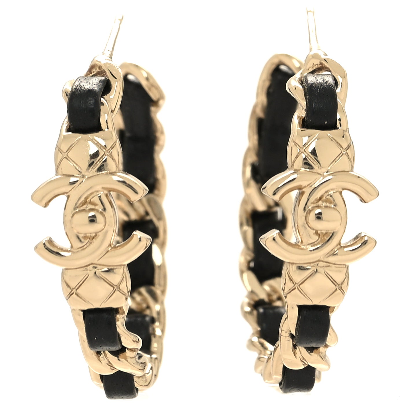 Metal Lambskin Quilted CC Turnlock Chain Hoop Earrings Gold Black