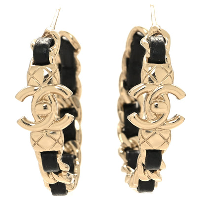 Chanel Metal Lambskin Quilted CC Turnlock Chain Hoop Earrings Gold Black 1 of 5
