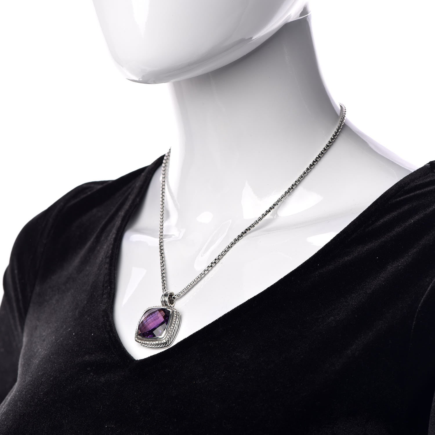 David Yurman Sterling Silver Diamond Amethyst 20mm Albion Pendant Necklace 2 of 6