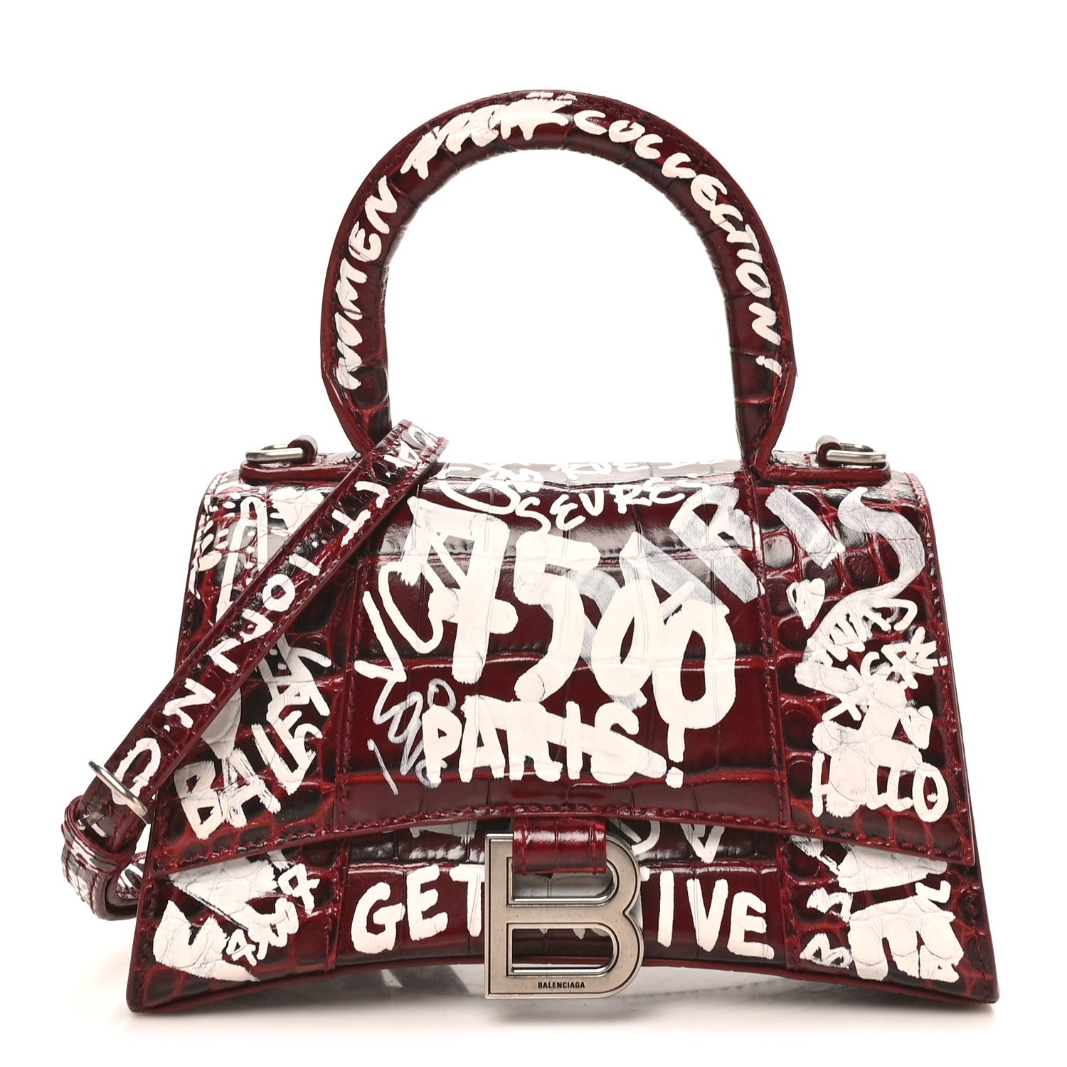 Balenciaga Crocodile Embossed Calfskin Graffiti Hourglass Top Handle Bag XS Dark Red White 1 of 9