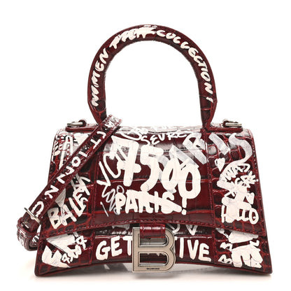 Balenciaga Crocodile Embossed Calfskin Graffiti Hourglass Top Handle Bag XS Dark Red White 1 of 9