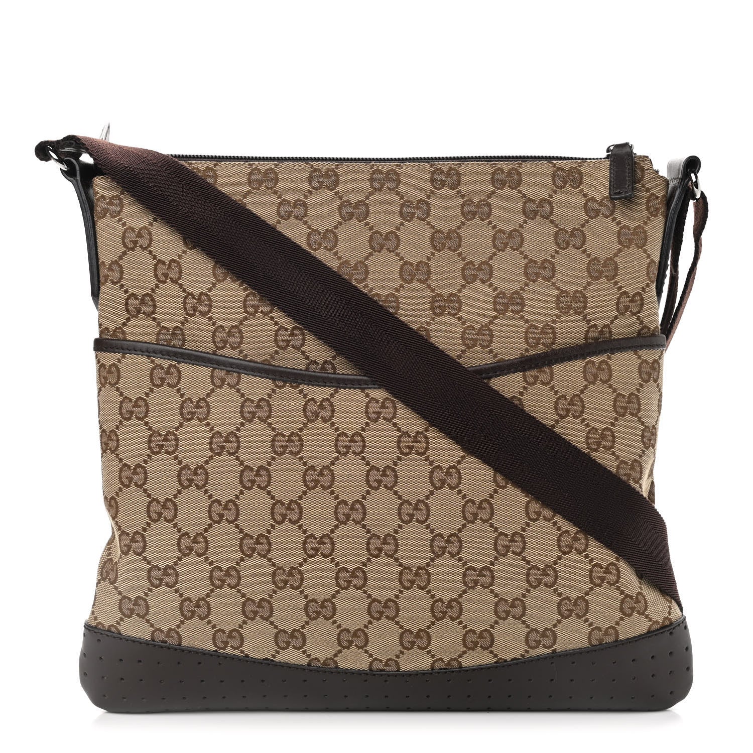 Gucci Monogram Calfskin Perforated Medium Flat Messenger Bag Dark Brown 1 of 12